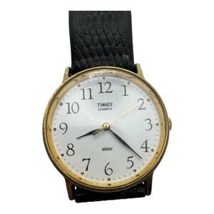 Vintage Timex Quartz Watch Gold Tone White Dial Black‎ Leather Strap – Untested